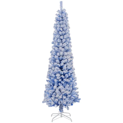 HOMCOM 6ft Flocked Christmas Tree, Pencil Christmas Tree with Realistic Branch Tips, Folding Metal Stand, Blue