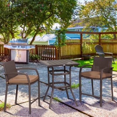 Outsunny 3 Pieces Outdoor Wicker Bistro Bar Set Garden PE Rattan Bar Table and Stools with Seat Cushion, Khaki