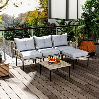 Outsunny 5-Piece Rattan Patio Furniture Set, Light Gray