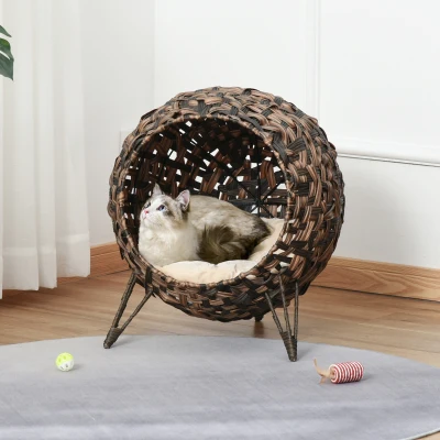 PawHut 20.5" Weaved Cat Bed, Braided Banana Leaf Condo, Brown