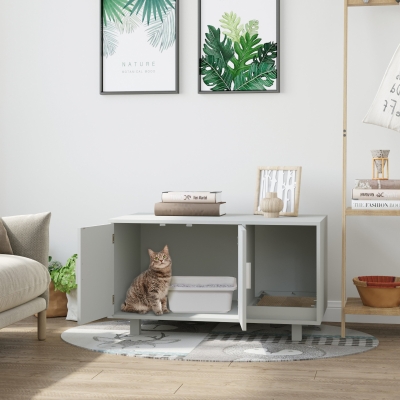 PawHut Wooden Cat Washroom Pet Litter Box Enclosure Kitten House Nightstand End Table with Scratcher Magnetic Doors Grey