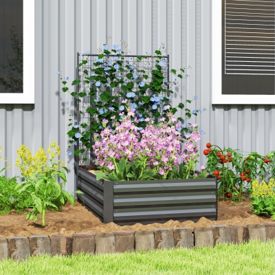 Outsunny Galvanized Raised Garden Bed with Trellis for Climbing Plants, Outdoor Planter Box with Open Bottom, Dark Grey