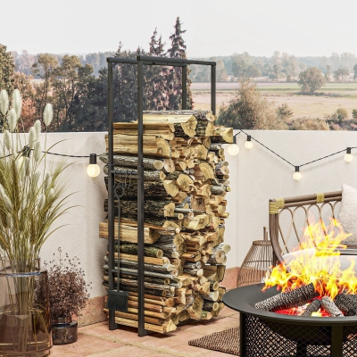 Outsunny Adjustable Firewood Log Rack Heavy-Duty Steel Log Holder for Outdoor Indoor Use, 25.6" x 9.8" x 59.1", Black