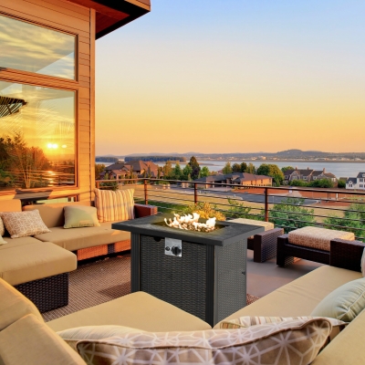 Outsunny 30 Inch Outdoor Gas Fire Pit Table, 50000 BTU Wicker Auto Ignition Propane Fire Table with Lid, Lava Rocks and Cover, CSA Certification for Patio