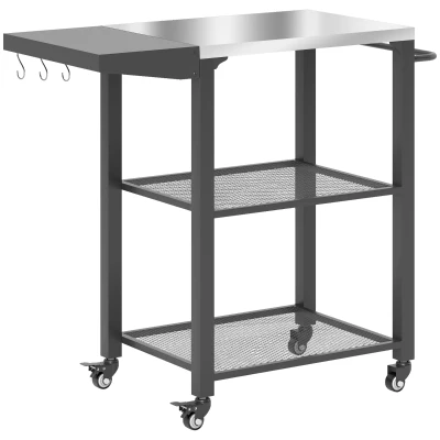 Outsunny Outdoor Grill Cart w/ Foldable Side Table, 3-Tier Pizza Oven Stand w/ Stainless Steel Tabletop, Hooks, Wheels