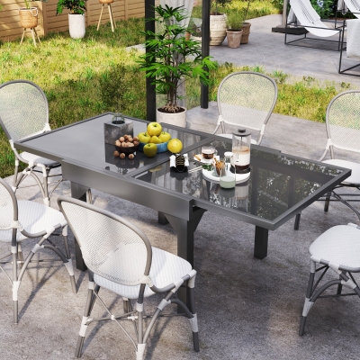 Outsunny 35"-71" Expandable Outdoor Table with Tempered Glass Top, Metal Frame, for 4-6 Person, for Lawn, Garden, Backyard