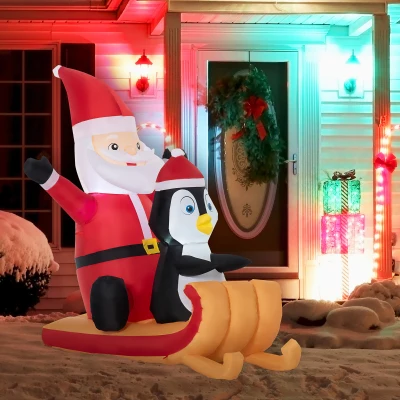 Outsunny 5ft Christmas Inflatables Santa & Penguin Sleigh Decor