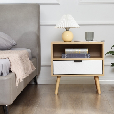 HOMCOM Modern Nightstand, Bedside Table with Drawer and Shelf for Bedroom, Living Room, Natural