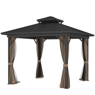 Outsunny 10' x 10' Hardtop Gazebo, Sun Shelter with Double Tier Metal Roof, Mosquito Netting, and Hanging Hook, Dark Brown