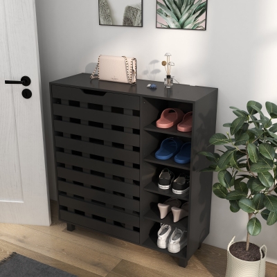 HOMCOM Shoe Cabinet, 21 Pair Shoe Storage Cabinet Organizer with 5-tier Double Door Cupboard and 5-tier Open Shelves, Black