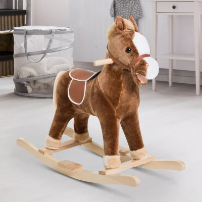 Qaba Kids Ride-On Rocking Horse Plush Toy with Sounds - Brown