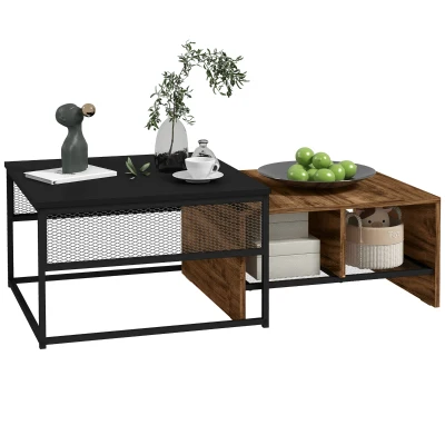 HOMCOM Coffee Table Set of 2, Industrial Nesting Tables, Square Coffee Table and Narrow Sofa Side Table for Living Room