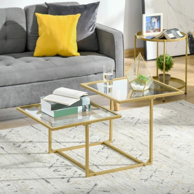 HOMCOM Modern Coffee Table, Tempered Glass, Gold