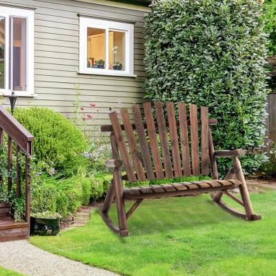 Outsunny Double Adirondack Rocking Chair, Carbonized Wood, Patio