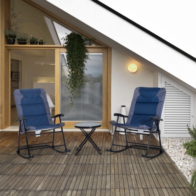 Outsunny 3pc Patio Foldable Rocking Chair Set, Outdoor Rocking Chairs and Table Bistro Set w/ Padded Seat, Headrest, Backrest for park, backyard, garden, Blue