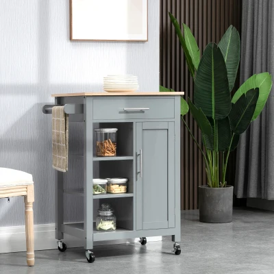 HOMCOM Rolling Kitchen Island Cart with Storage and Solid Wood Top, Gray