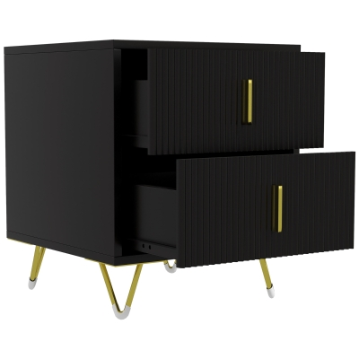 HOMCOM Bedside Table, Modern Nightstand with 2 Drawers, Side End Table with Metal Legs for Living Room, Bedroom, Black