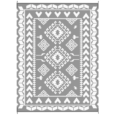 Outsunny 9' x 12' Outdoor RV Rug, Reversible Patio Floor Mat with Carry Bag, Rhombus Patchwork, Grey and White