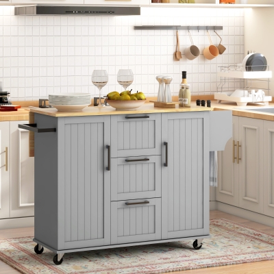 HOMCOM Rolling Kitchen Cart on Wheels with Drop Leaf, Kitchen Island with 3 Drawers, Solid Wood Top and Towel Rack, Grey