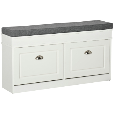 HOMCOM Shoe Bench, Shoe Storage Bench for Entryway, Entrance Bench with Cushion, 2 Flip Drawers and Adjustable Shelf for Hallway, Holds 8 Pairs, White