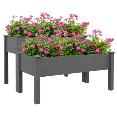 Outsunny 2 Tiers Wood Plant Raised Bed Flower Vegetable Herb Grow Box Stand Garden  Step Planter Stand Free Combination Grey