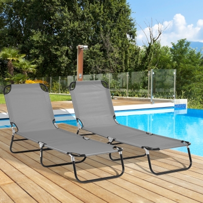 Outsunny Set of 2 Folding Outdoor Lounge Chair, Sun Tanning Chairs with Reclining Back, Breathable Mesh for Beach Patio, Grey