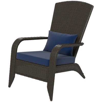 Outsunny Patio Wicker Adirondack Chair, Outdoor Rattan Muskoka Chair with Cushions for Patio, Garden, Backyard Dark Blue