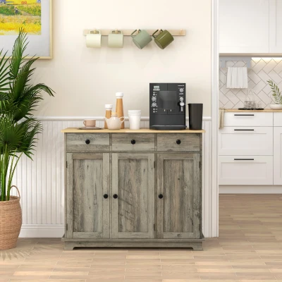 HOMCOM Kitchen Storage Cabinet with Wood Top & 3 Drawers, Gray