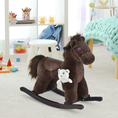 Qaba Kids Rocking Horse Plush Animal on Wooden Rockers with Sounds, Wooden Base and Bear Toy, Baby Rocking Chair, Brown