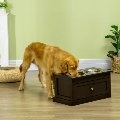 PawHut Large Elevated Dog Bowl Stand with Storage Drawer, Brown