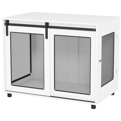 PawHut 39" Dog Crate Furniture with Sliding Barn Door, Furniture Style Dog Cage End Table for Large Dogs, White
