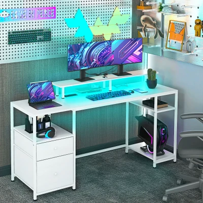 HOMCOM 61" Computer Desk with LED Lights, USB Ports, Storage, White