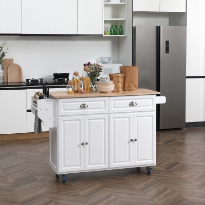 HOMCOM Kitchen Island with Storage, Rolling Kitchen Island with Drop Leaf, Rubber Wood Top and Adjustable Shelves, White