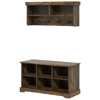 HOMCOM Coat Rack Shoe Bench Set, Entryway Shoe Bench with 8 Storage Cubbies, 4 Hooks for Hallway, Living Room, Rustic Brown