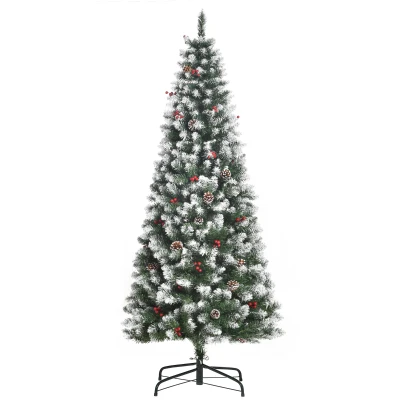 HOMCOM 6ft Decorated Christmas Tree with Red Berries and Pine Cones, Flocked Christmas Tree with Pencil Shape, Green