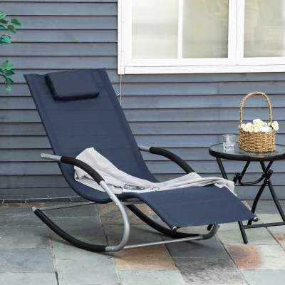 Outsunny Zero Gravity Rocking Chair, Outdoor Recliner with Pillow, Navy Blue