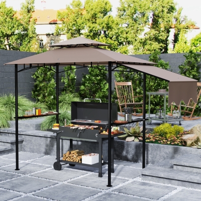 Outsunny 8' x 5' Grill Gazebo, Double Tiered Barbecue Grill Gazebo Shelter with Side Awning, 2 Side Shelves, 6 Hooks, Khaki