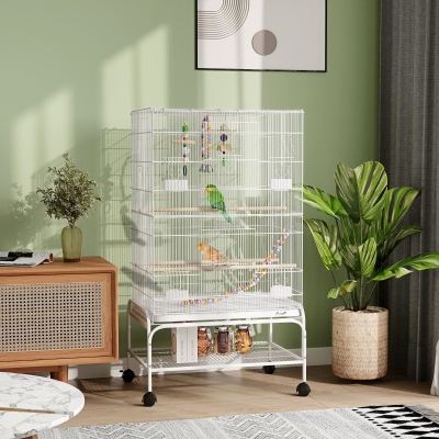 PawHut 43" Bird Cage with Rolling Stand, Toys, for Budgies Canaries White