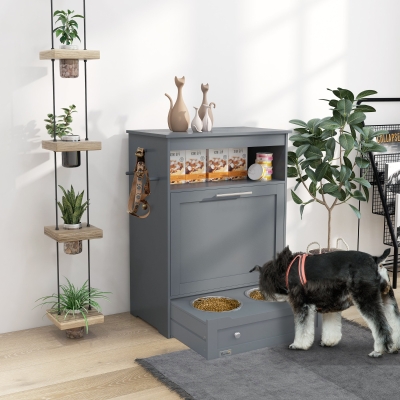 PawHut Pet Feeder Station Storage Cabinet, Dog Food Storage Container with Dog Raised Bowls, Watering Supplies, Grey