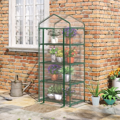 Outsunny 28" x 20" x 63" Portable Greenhouse with 4 Tier Shelves Outdoor Hot House Plant Flower Greenhouse, Steel Frame, PVC Cover, Transparent