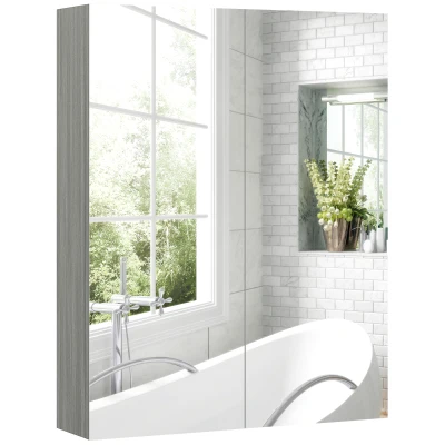 HOMCOM Wall Mount Mirrored Medicine Cabinet, Bathroom Mirror Cabinet with Adjustable Shelf, Double Soft Closing Doors, Grey