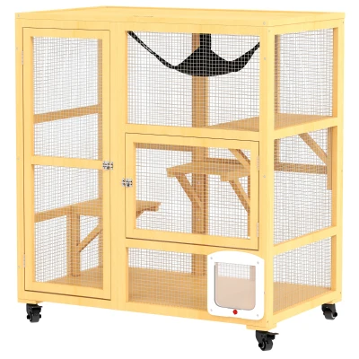 PawHut Cat Condo Wooden Indoor Cat House on Wheels with Cat Flap Door Platforms Hammock Openable Top for 2 Cats, Yellow
