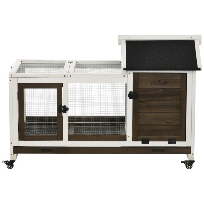 PawHut Rabbit Cage with Wheels, Ramp, Run, Tray for Indoor Outdoor, Suitable for Rabbit, Guinea Pig, Coffee