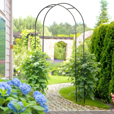 Outsunny Vintage Style Garden Arch, 7.5FT Patio Outdoor Arbor Metal Trellis Support For Vines, Climbing Plants Decoration, Black