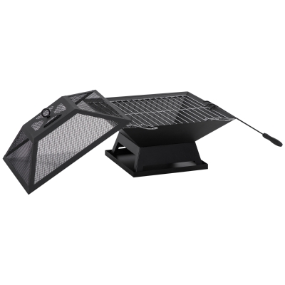 Outsunny Wood Burning Portable Fire Pit, Outdoor Firepit with Cooking BBQ Grill, Spark Screen, Poker for Backyard, Black