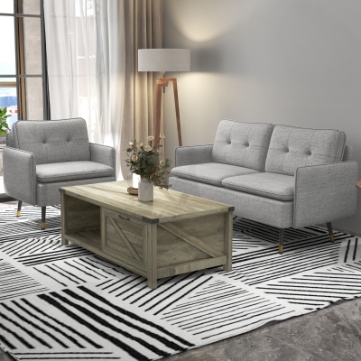 HOMCOM 55" Loveseat Sofa, Linen Love Seat w/ S spring, Steel Legs and Button Tufting, Small Couch for Living Room, Grey