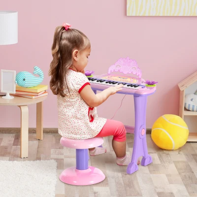 Qaba 32-Key Princess Toy Piano with Stool, Microphone, Pink