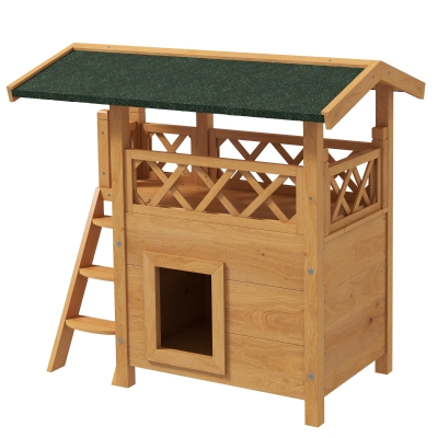 PawHut Outdoor Cat House, Wooden Kitten Condo, Natural