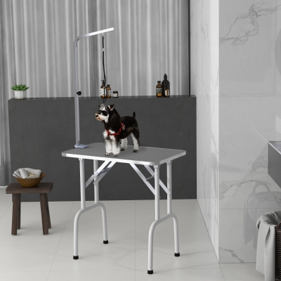 PawHut Foldable Pet Grooming Table for Dogs Cats with Adjustable Arm, Non-slip Surface, Grey