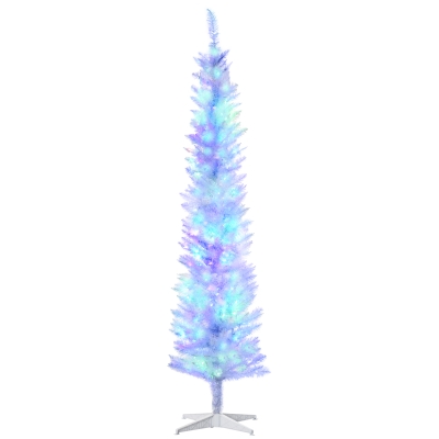 HOMCOM 7' Prelit Christmas Trees, Pencil Artificial Christmas Tree with Colourful Surface Tips, Colourful LED Lights, White